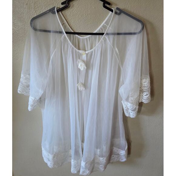 Unknown Other - Vtg 60s White Peignoir Chiffon Robe Medium Short Lace Sheer Rose
